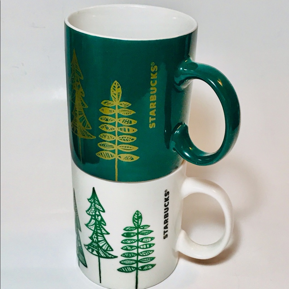 Set of Two Starbucks Christmas Mugs Green with Gold Trees White with Green Trees